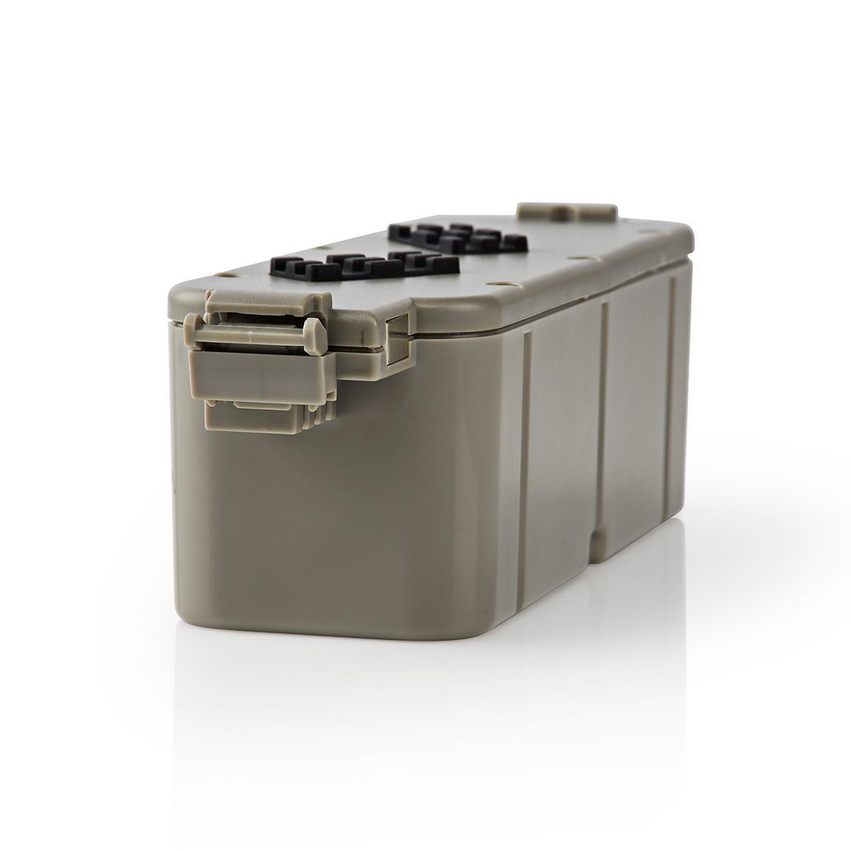 Caja de almacenamiento gris. Forma rectangular, con cierres negros.