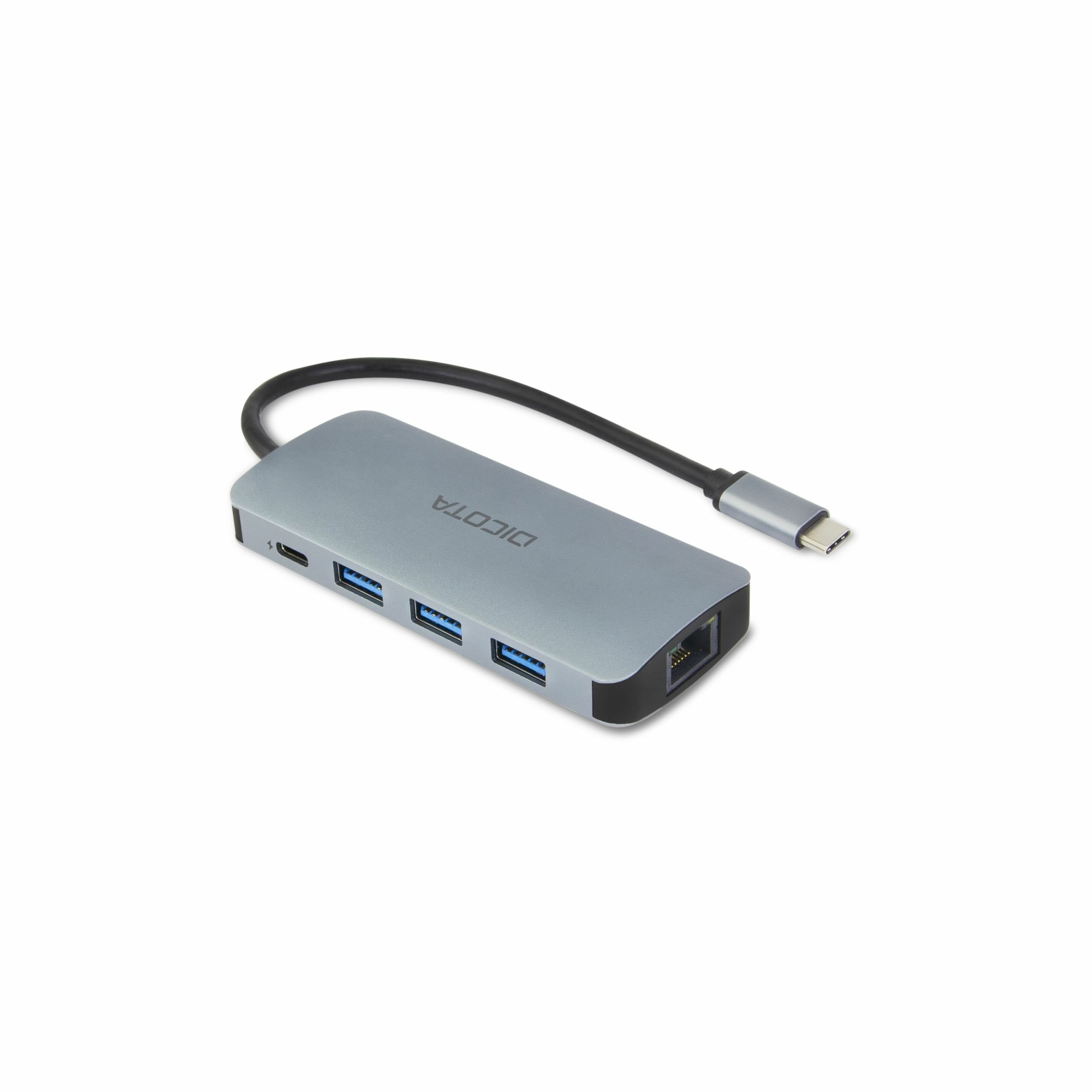 Un hub USB Dicota grigio con porte USB, una porta LAN e una porta USB-C su sfondo bianco.
