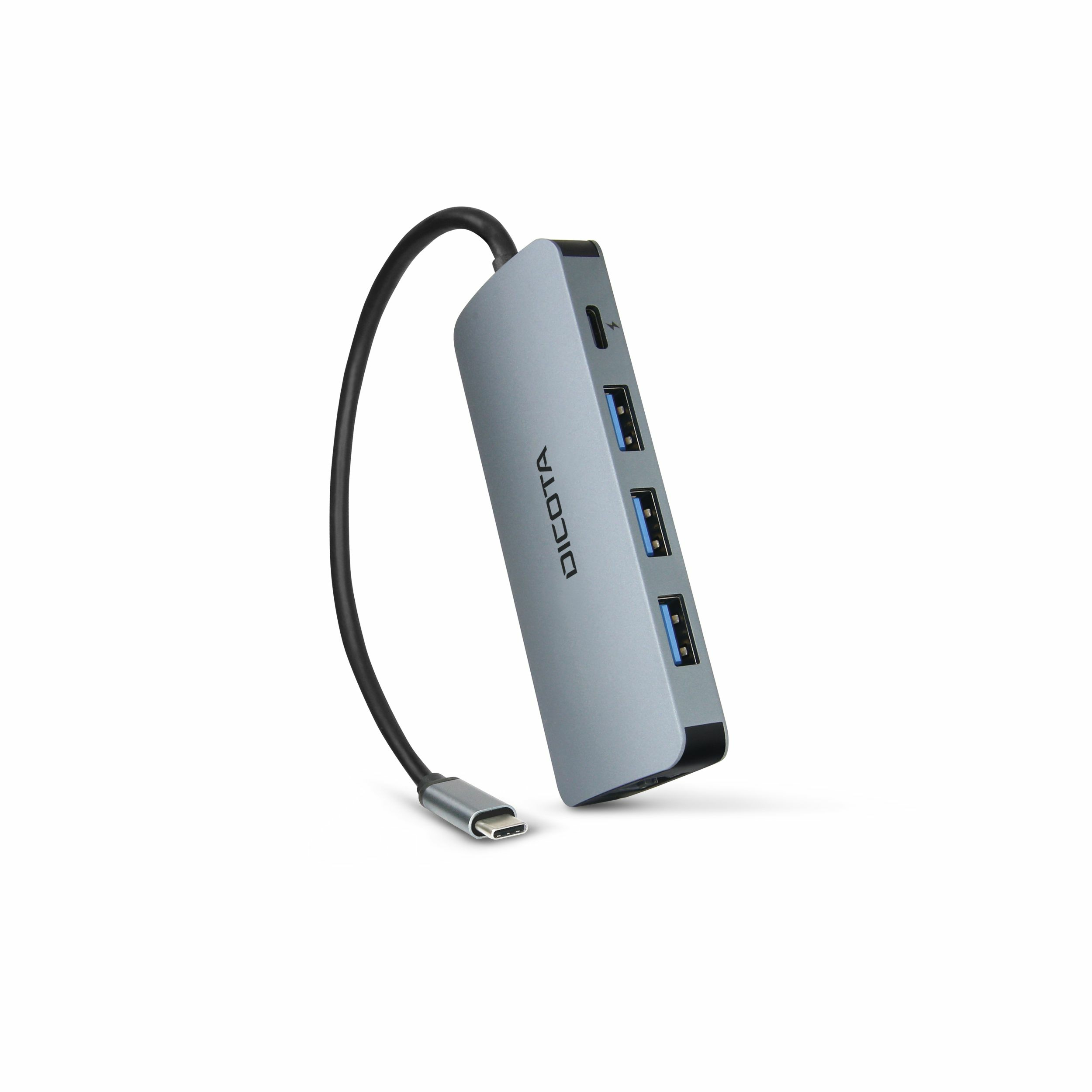 Hub USB-C grigio con quattro porte USB e un cavo collegato.