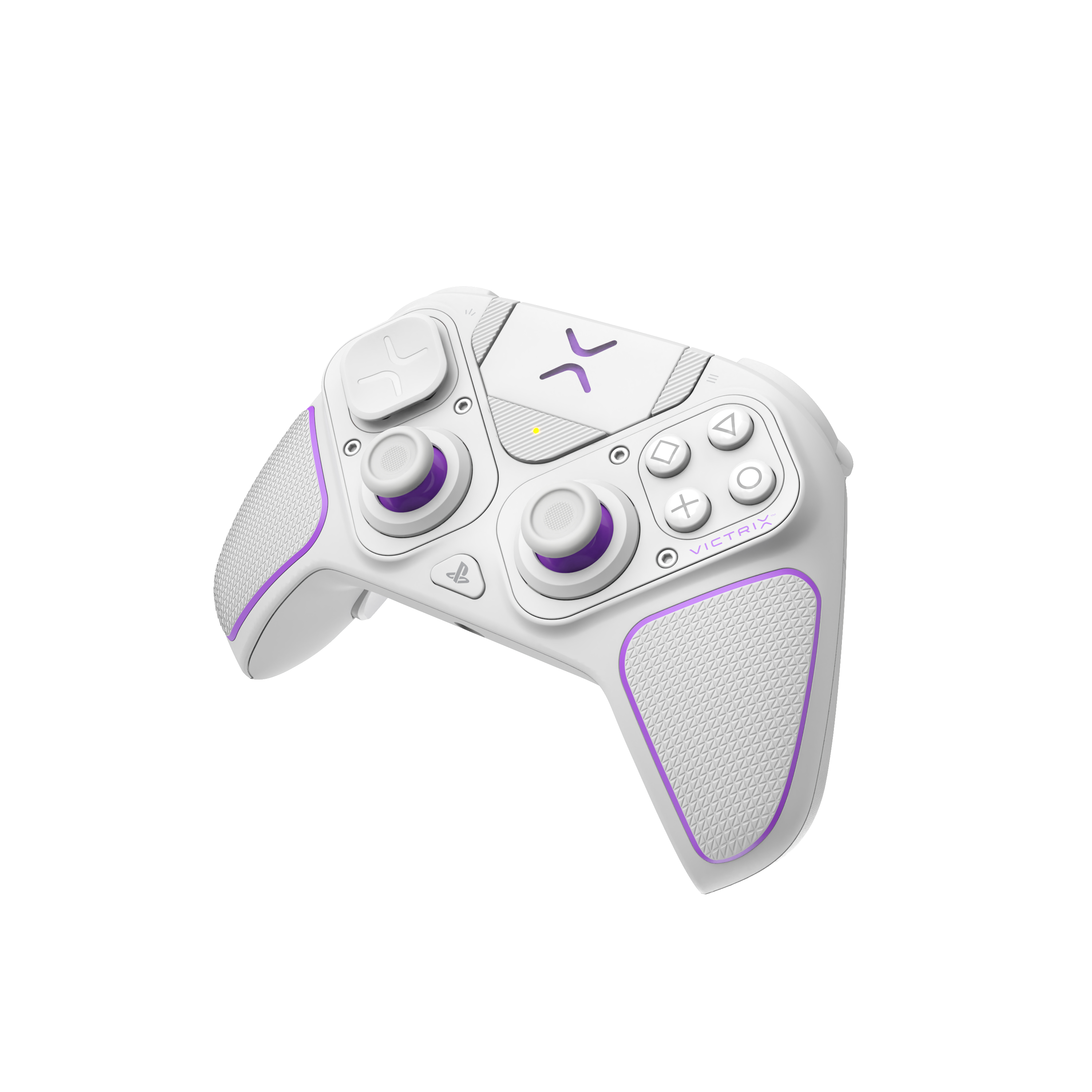 Biało-fioletowy kontroler do gier z przyciskami i joystickami. Na białym tle.