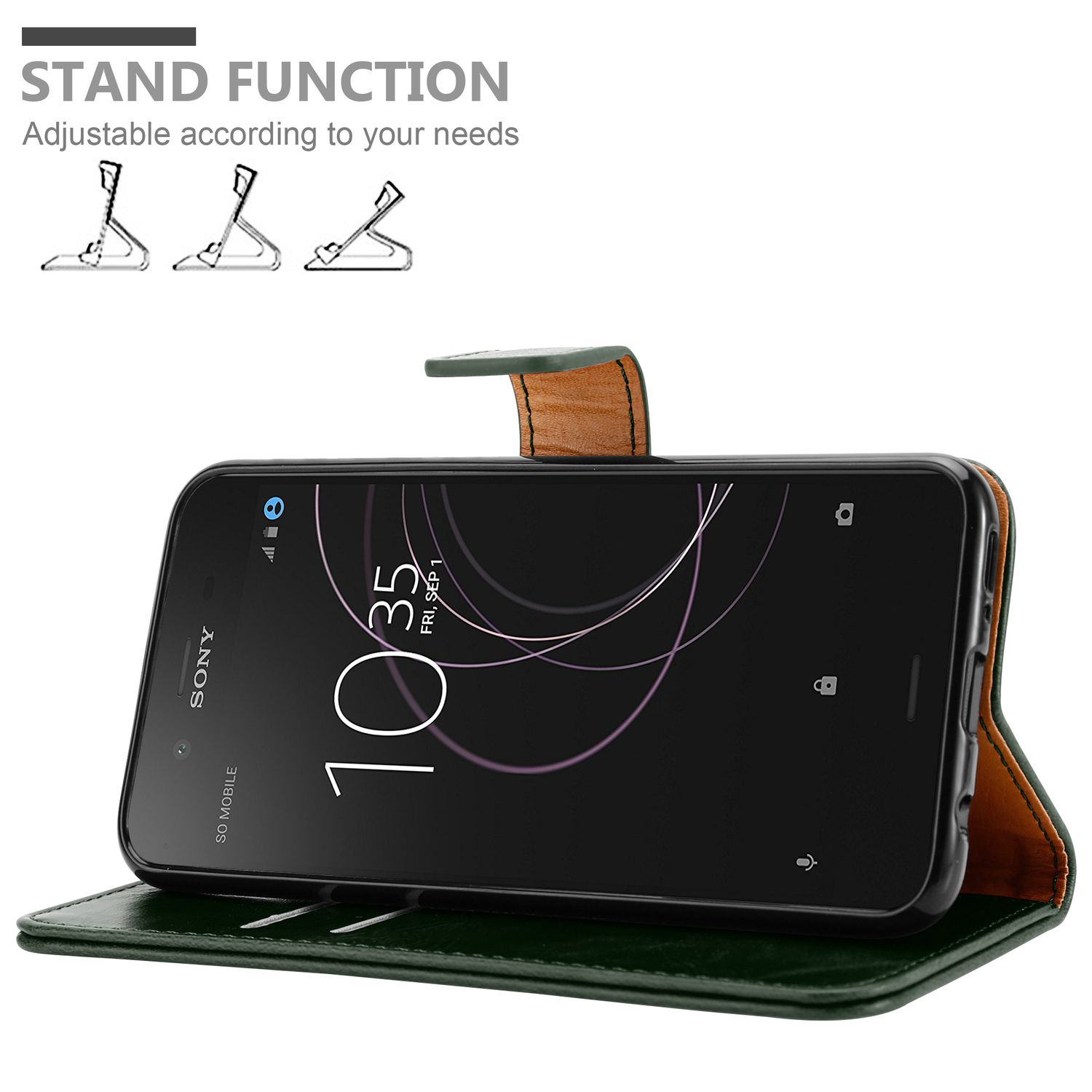 Una funda verde para teléfono con un teléfono, que muestra la hora y la fecha.