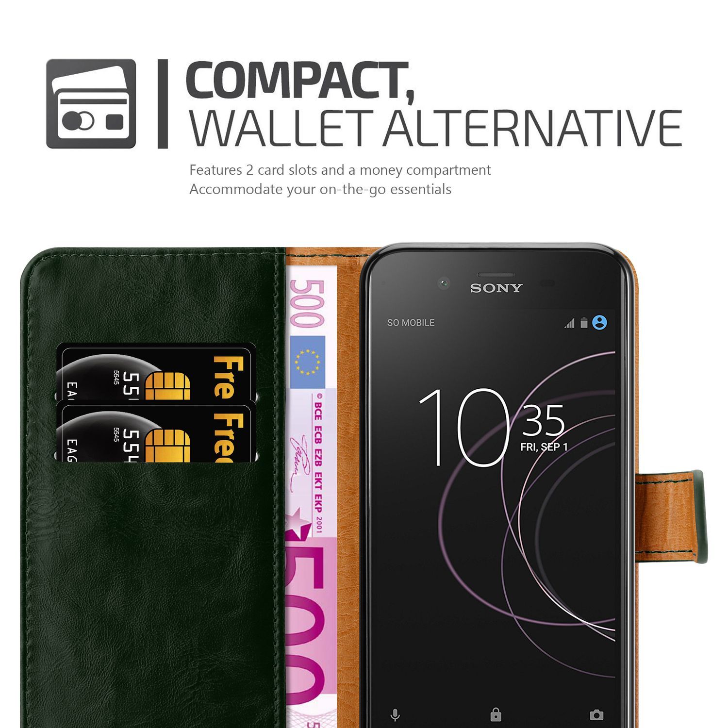 Funda de teléfono tipo cartera con tarjetas y dinero dentro. Aspecto de cuero verde oscuro y marrón.