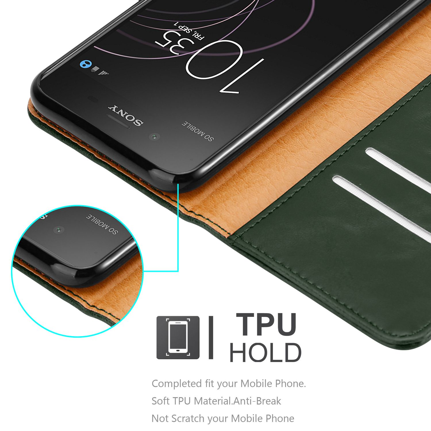 Primer plano de un teléfono en una funda de cuero verde con ranura para tarjetas y funda de teléfono.