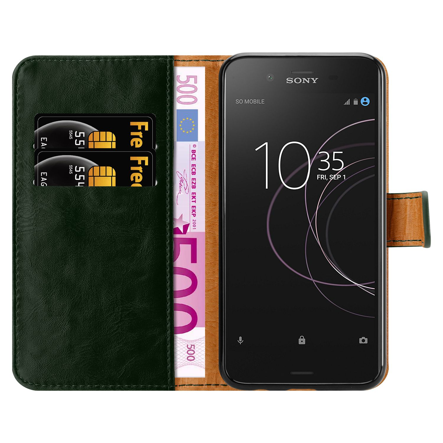 Cartera verde con tarjetas, billete de 500 euros y un smartphone Sony negro.