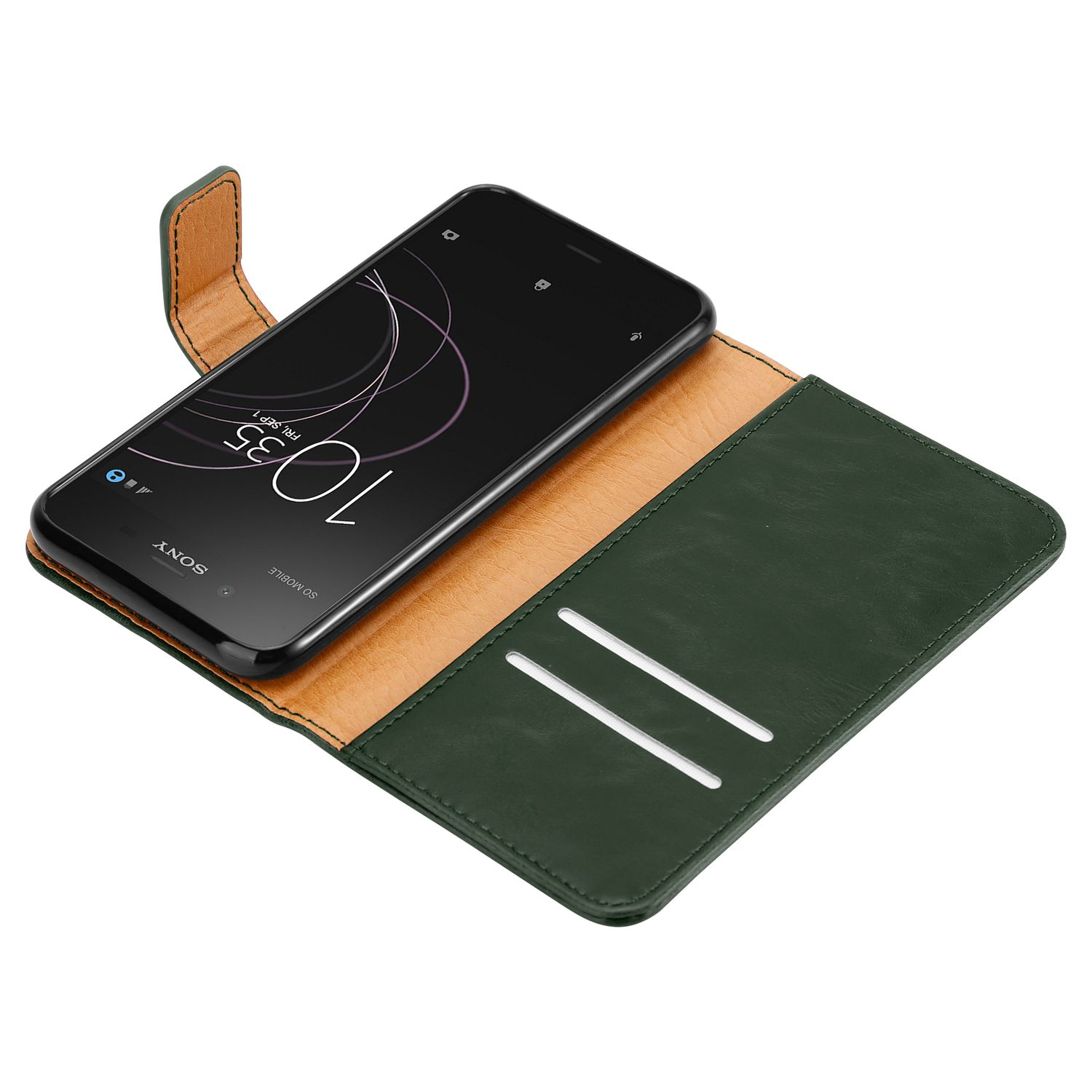 Smartphone negro en una funda de cuero verde, abierto para mostrar la pantalla, mostrando la hora.