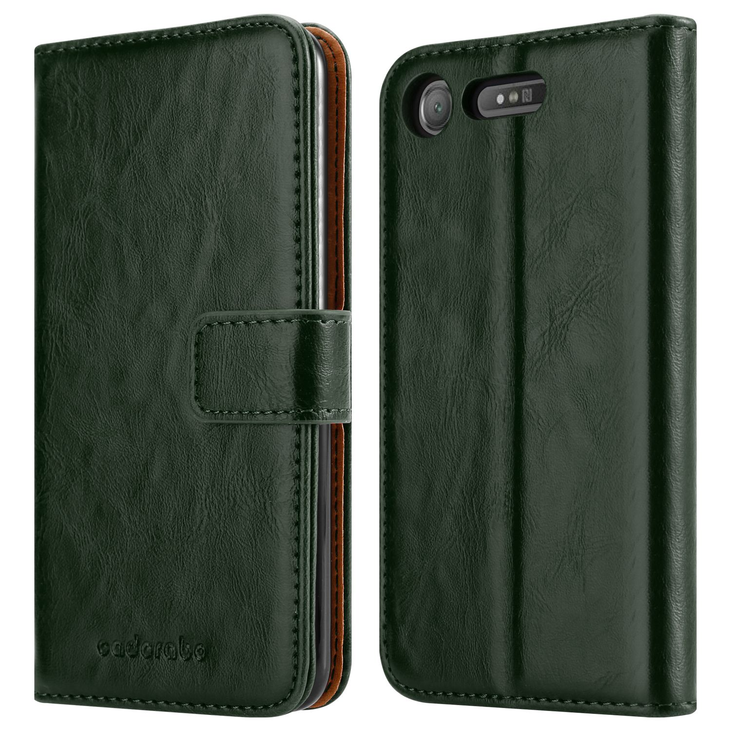 Funda de teléfono verde oscuro. Muestra la cámara y un botón del teléfono. Aspecto similar al cuero. Fondo blanco.