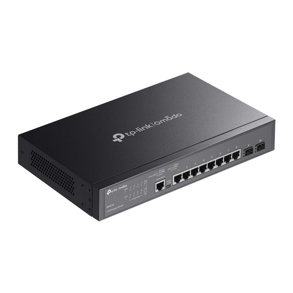 Czarny przełącznik sieciowy z wieloma portami i logo tp-link omada.