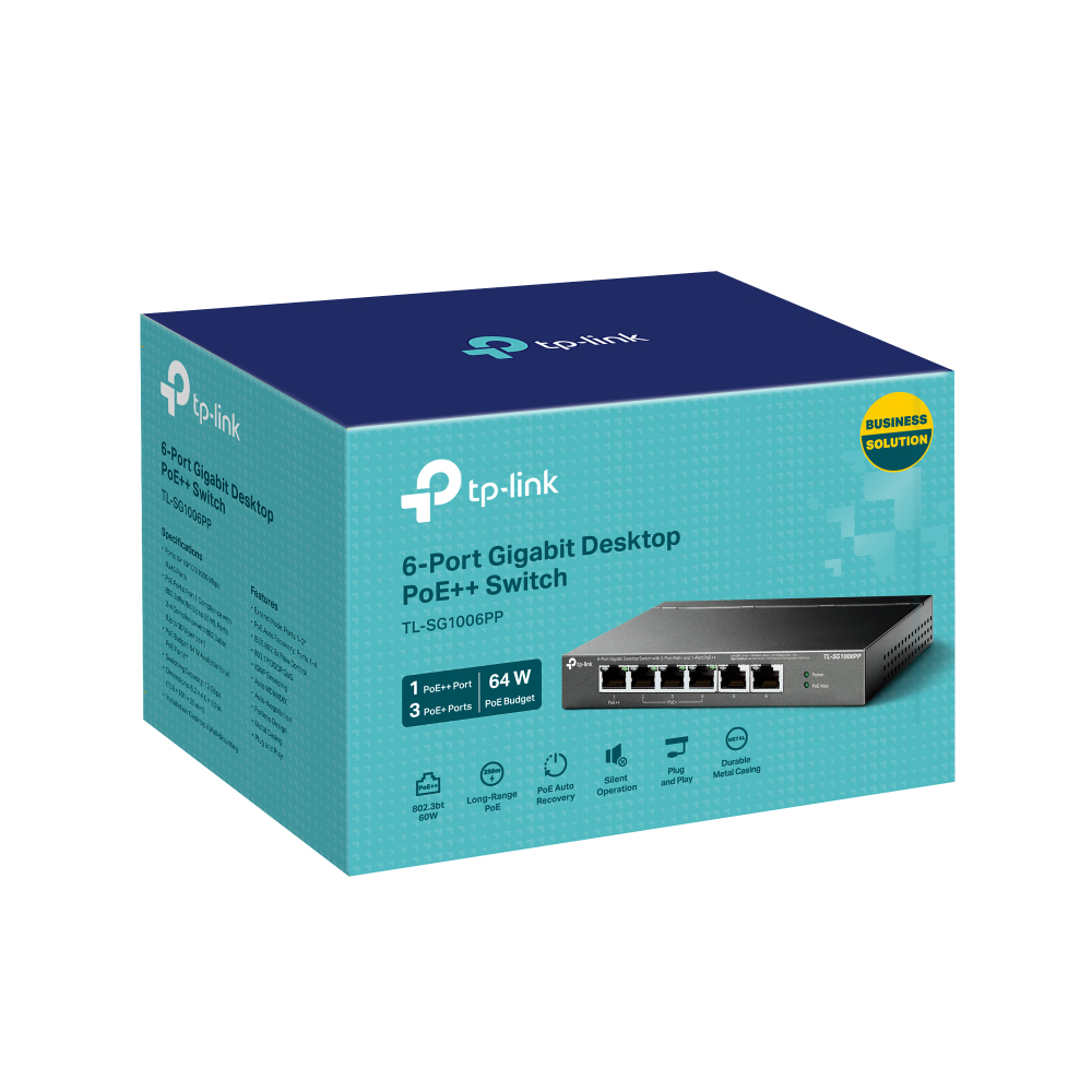 Niebiesko-zielone pudełko z przełącznikiem TP-Link. Pokazuje porty i funkcje przełącznika oraz nazwę POE+ Switch.