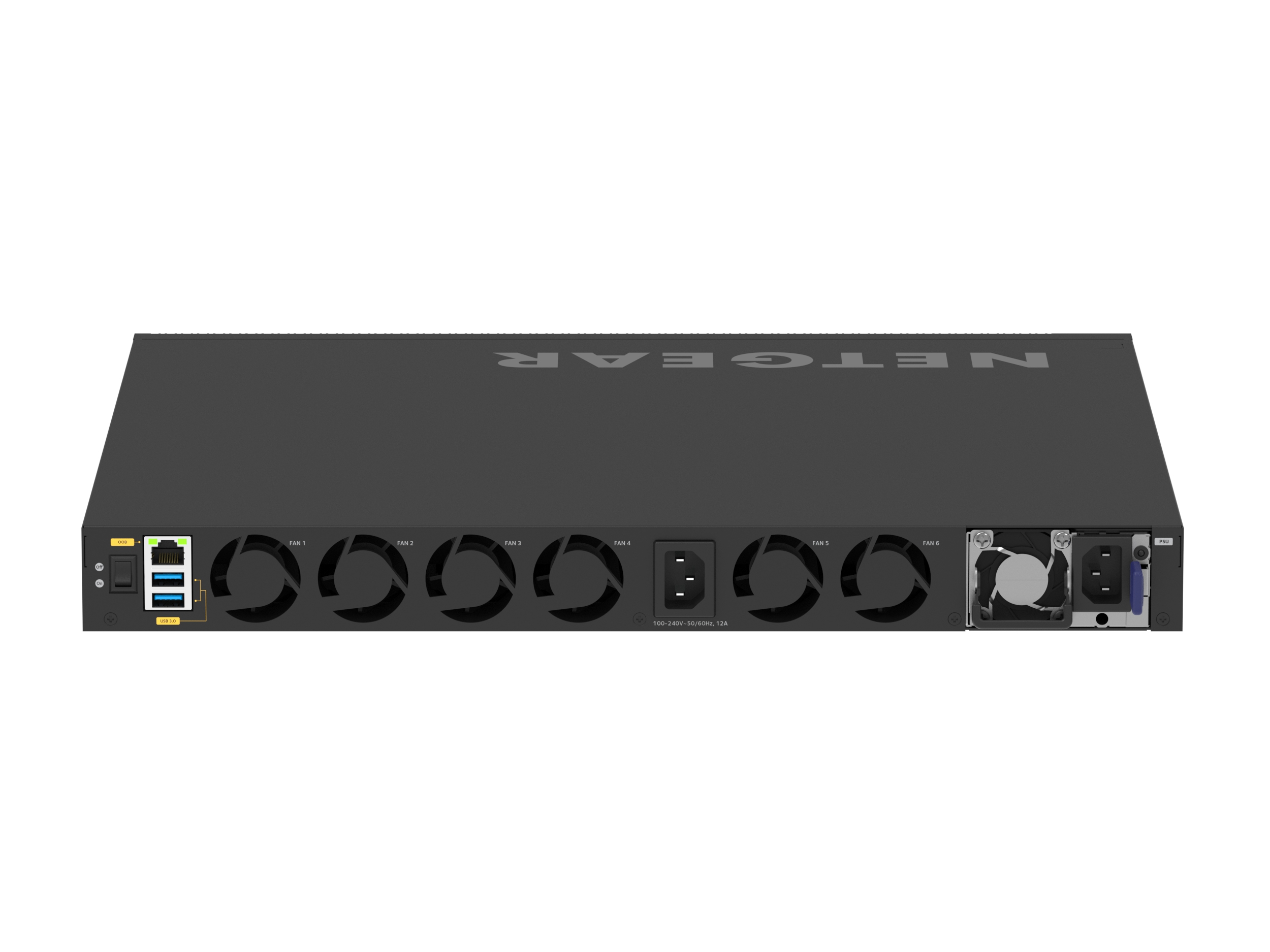 Een zwarte netwerkswitch met meerdere ventilatoropeningen en poorten aan de zijkant. Het NETGEAR-logo is zichtbaar.