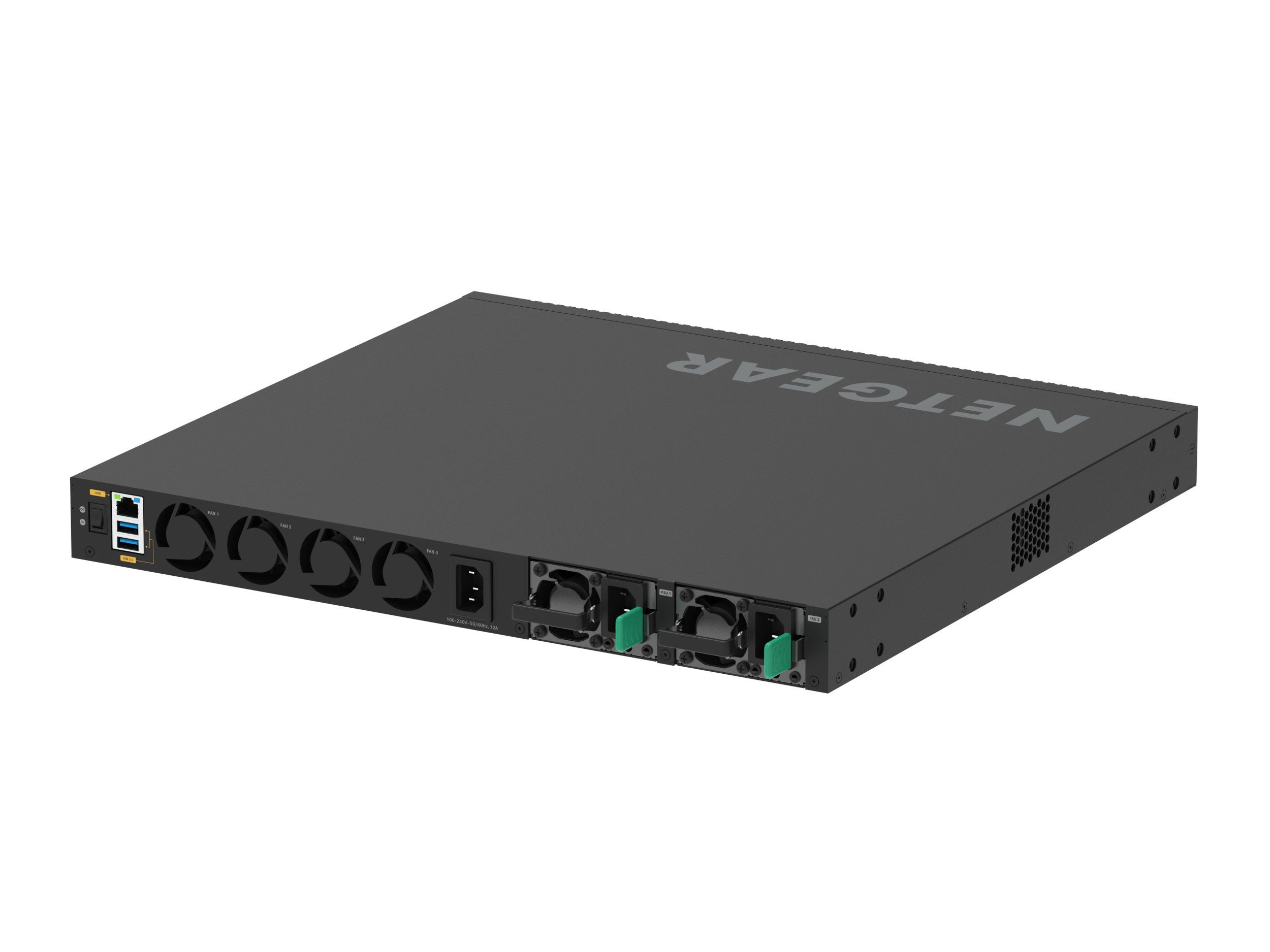 Zwart Netgear-apparaat met meerdere ventilatoren en poorten, de merknaam is zichtbaar.