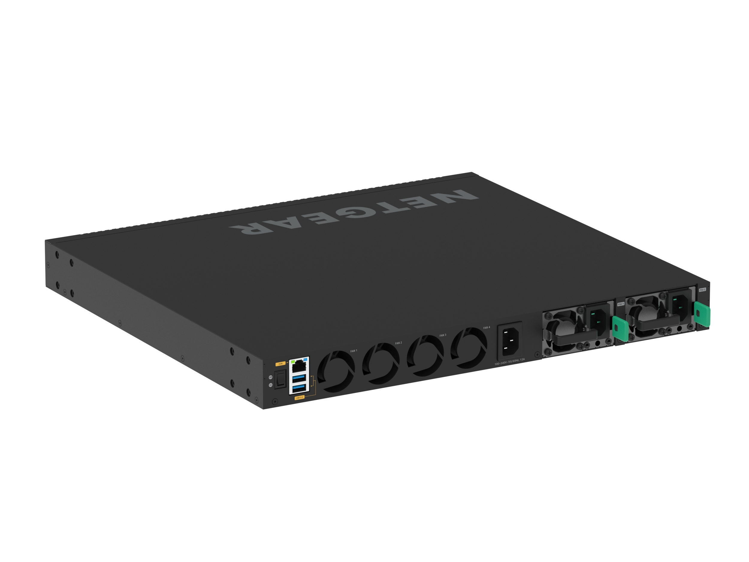 Een zwarte NETGEAR netwerkswitch. Het heeft meerdere ventilatieopeningen en verschillende poorten.