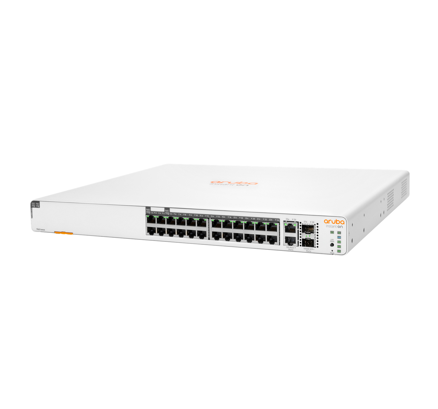 Uno switch di rete bianco con più porte e il logo 'Aruba' nell'angolo in alto a destra.