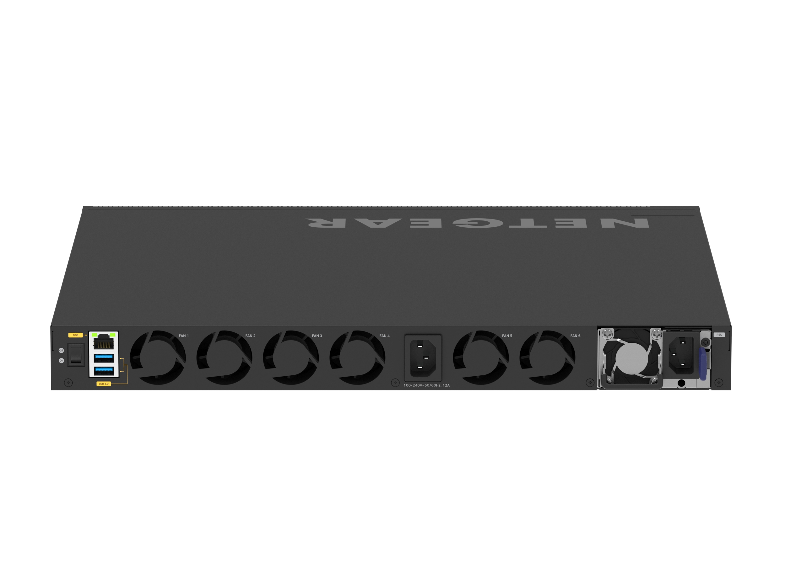 Een zwarte NETGEAR netwerkswitch met meerdere ventilatieopeningen en voedingspoorten.