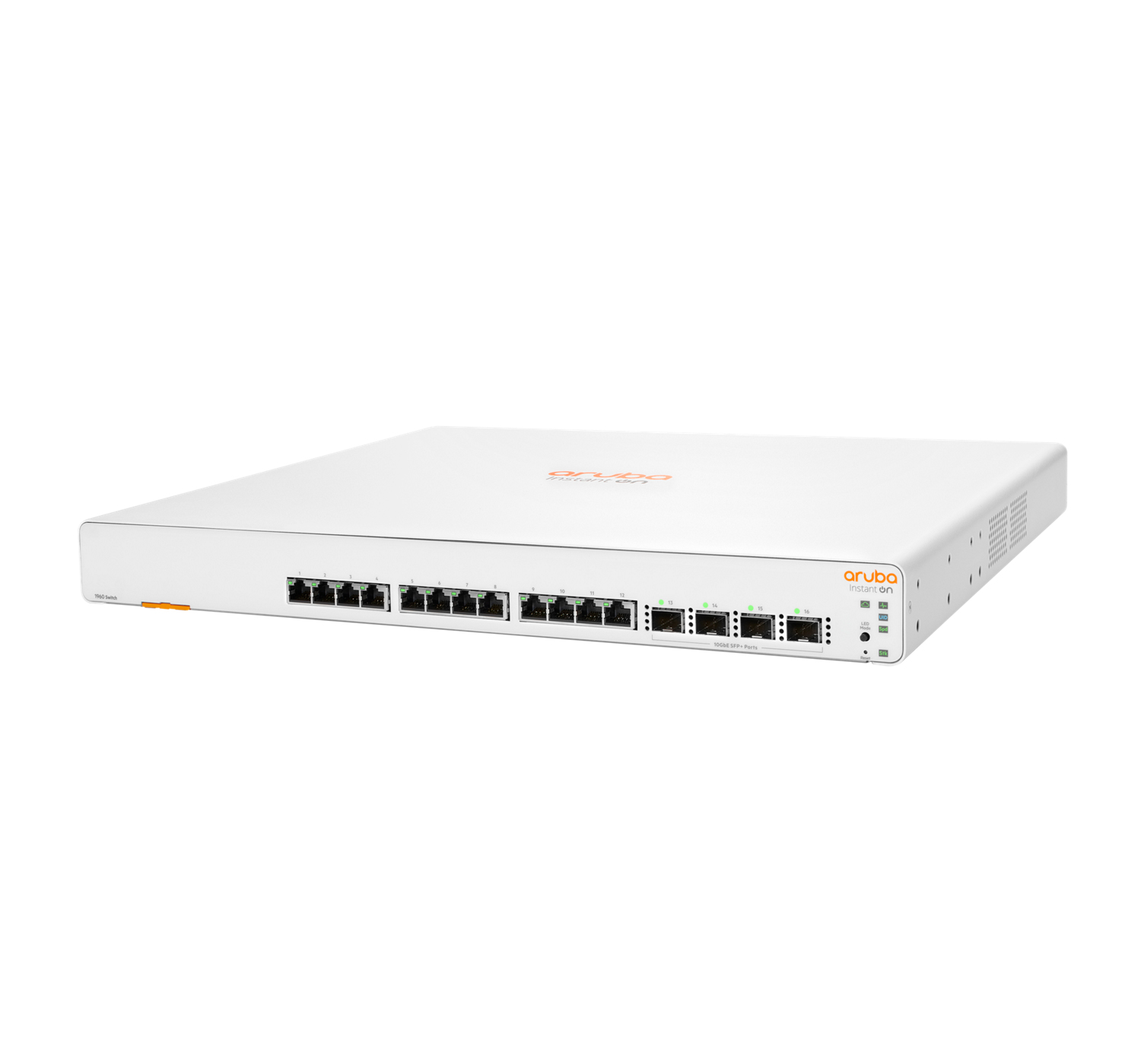 Dispositivo switch Aruba bianco su una superficie bianca. Vista dall'alto. Logo arancione.