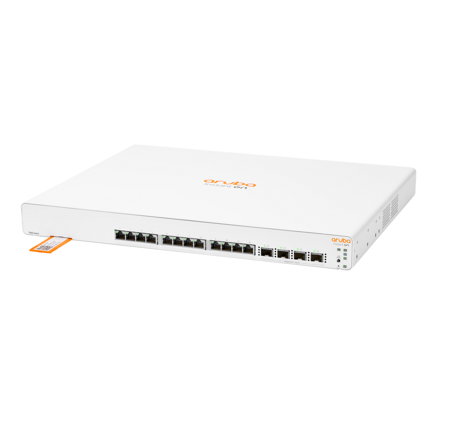 Switch di rete bianco con porte, mostra le etichette.