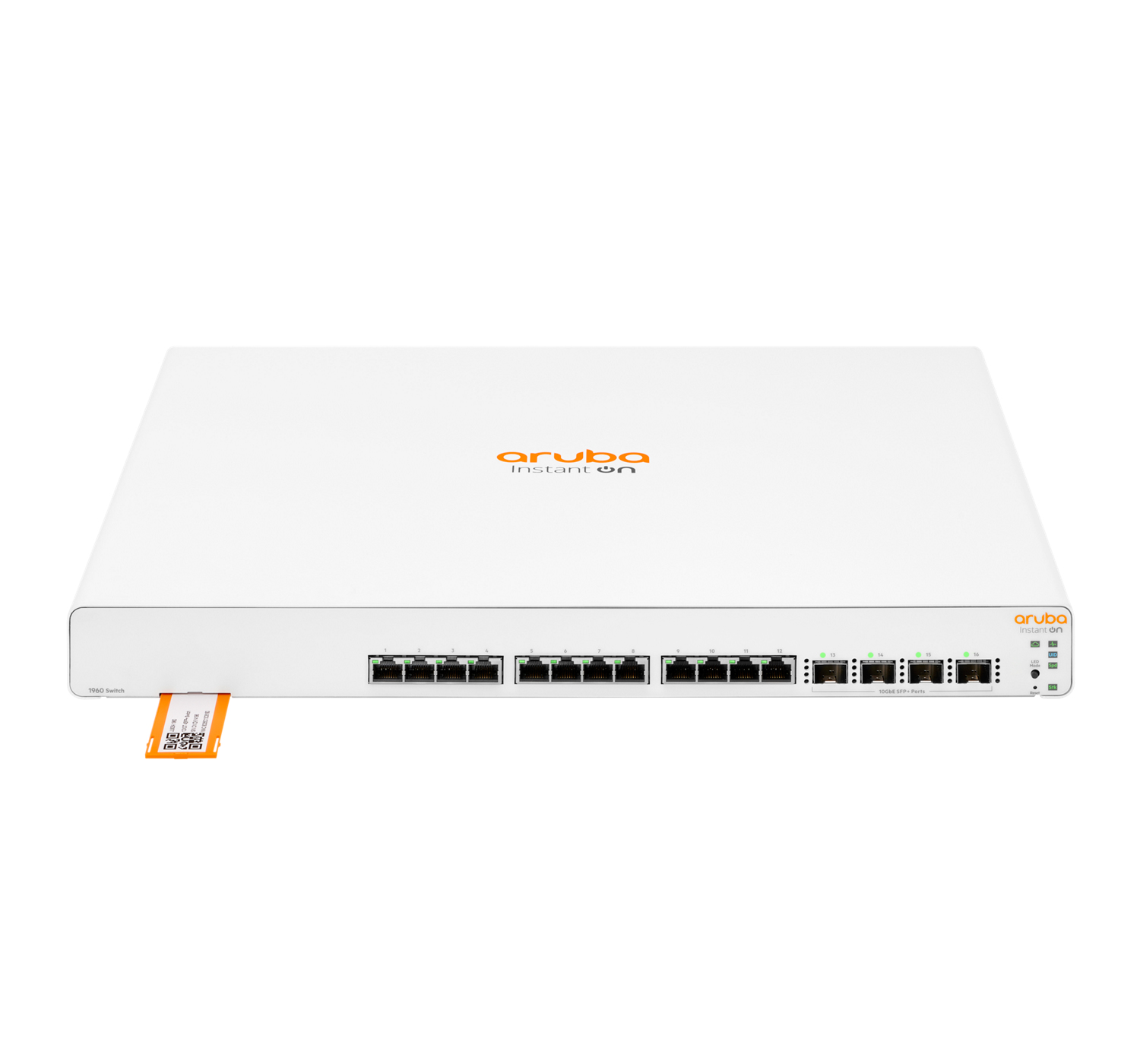 Switch Aruba Instant On bianco. Porte frontali. Loghi Aruba e Instant On visibili.