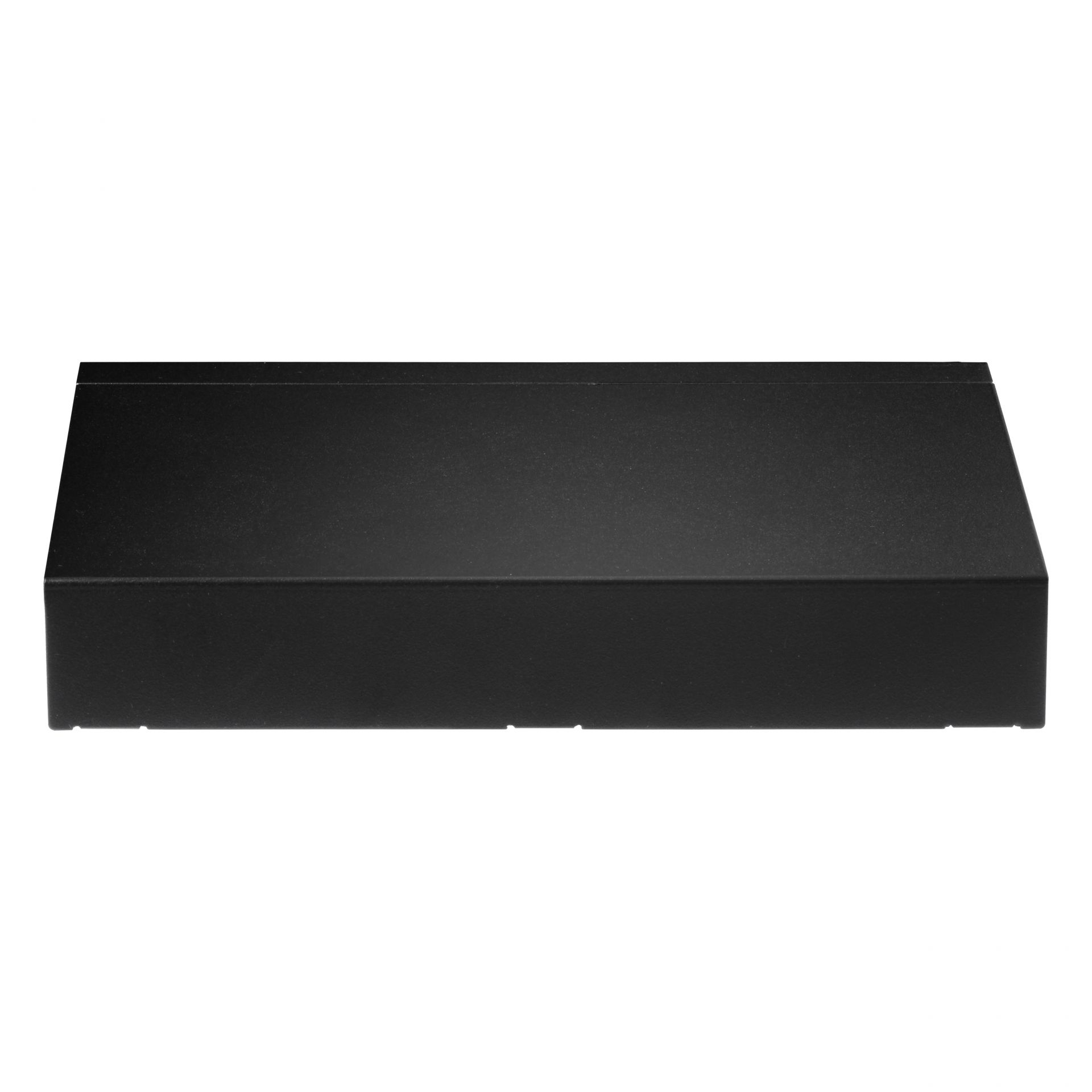 Czarne, prostokątne urządzenie, prawdopodobnie przełącznik sieciowy.