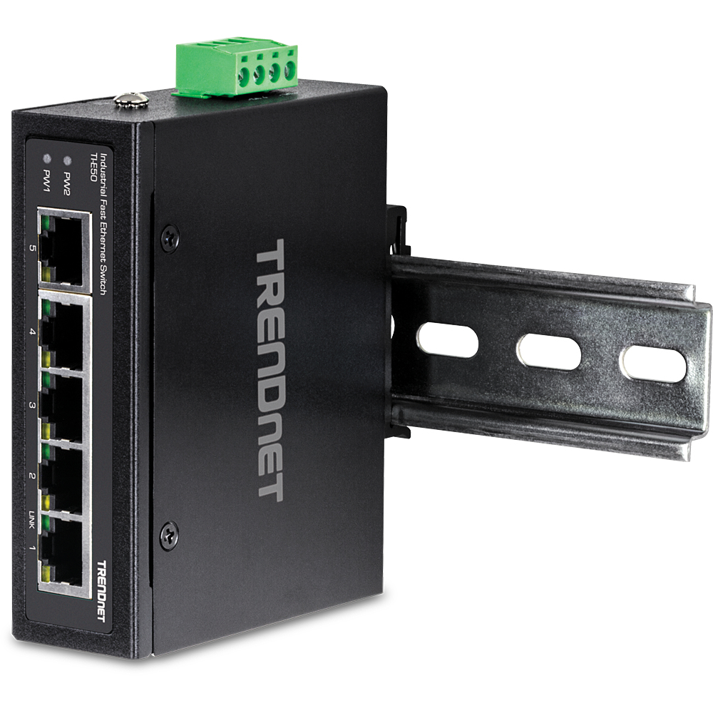 Schwarzer industrieller Ethernet-Switch von TRENDnet mit Anschlüssen, grünem Stecker.