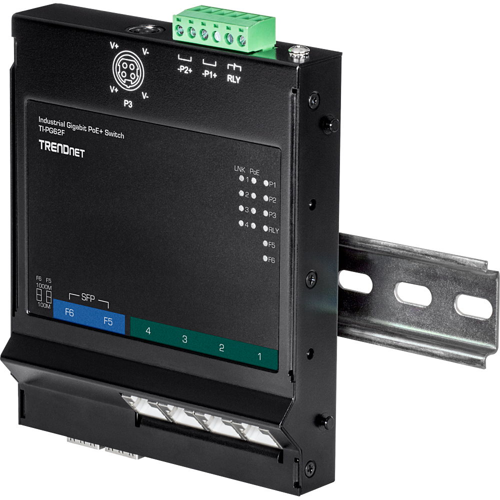 Switch di rete nero con porte, morsettiera verde e staffa di montaggio. Testo: Industrial Gigabit PoE+ Switch.