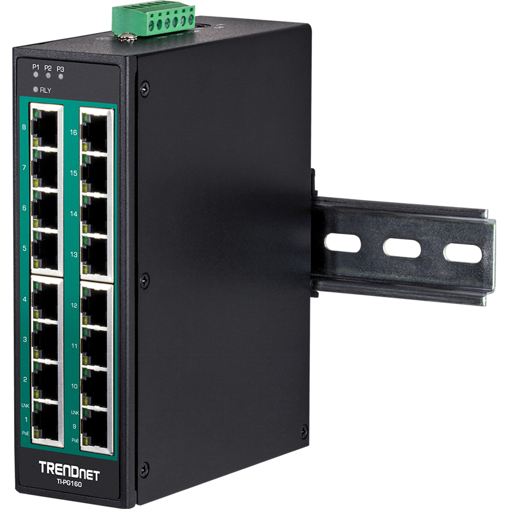 Switch TRENDnet nero con porte. Porte verdi e una staffa metallica. Sfondo bianco.