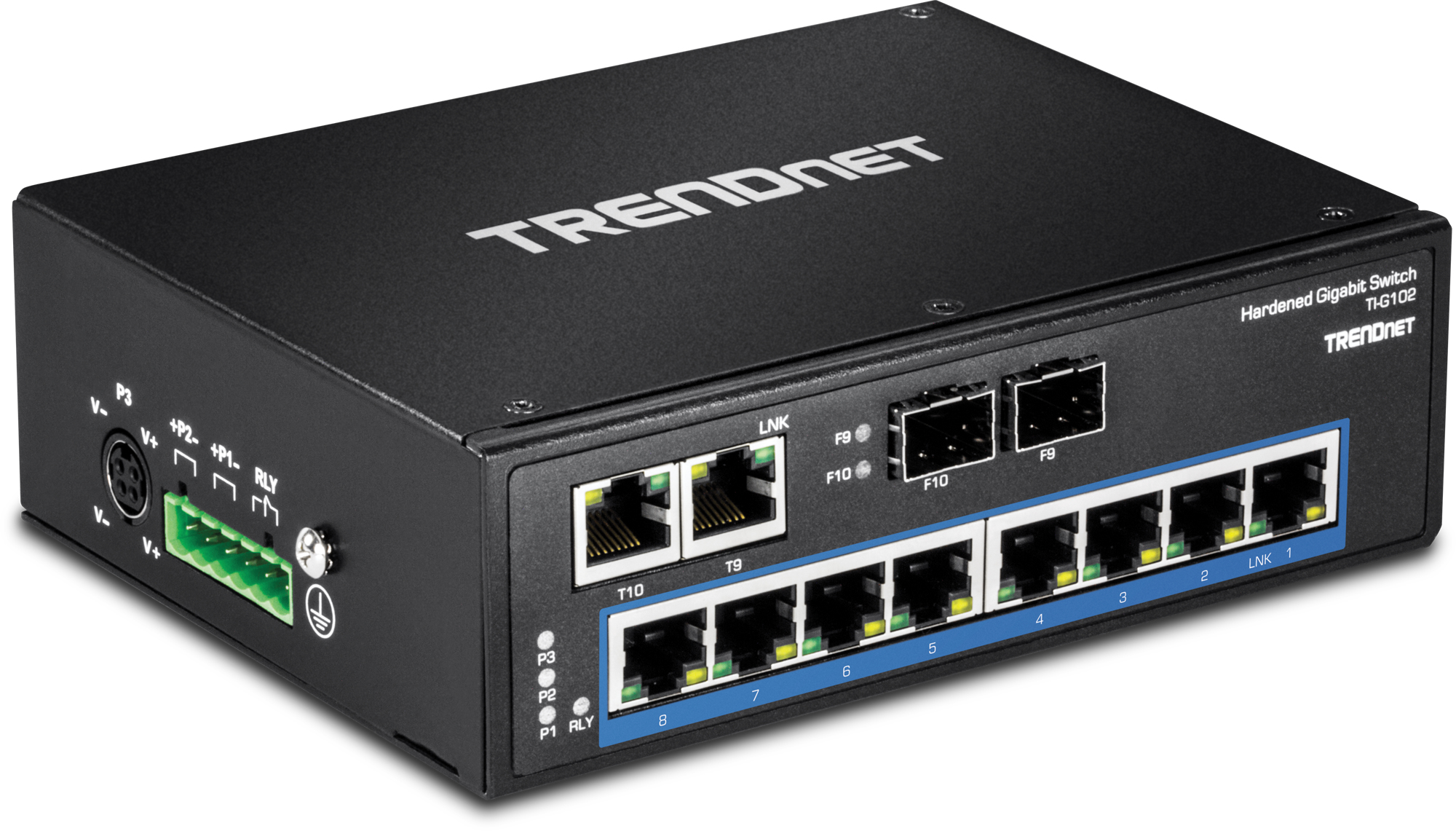 Schwarzer TRENDnet-Netzwerk-Switch mit mehreren Anschlüssen.