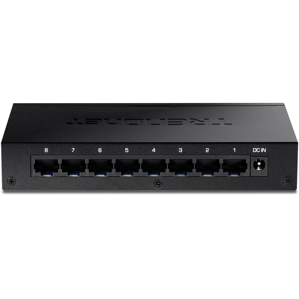 Schwarzer Netzwerk-Switch mit acht nummerierten Ports und einem DC IN-Port.