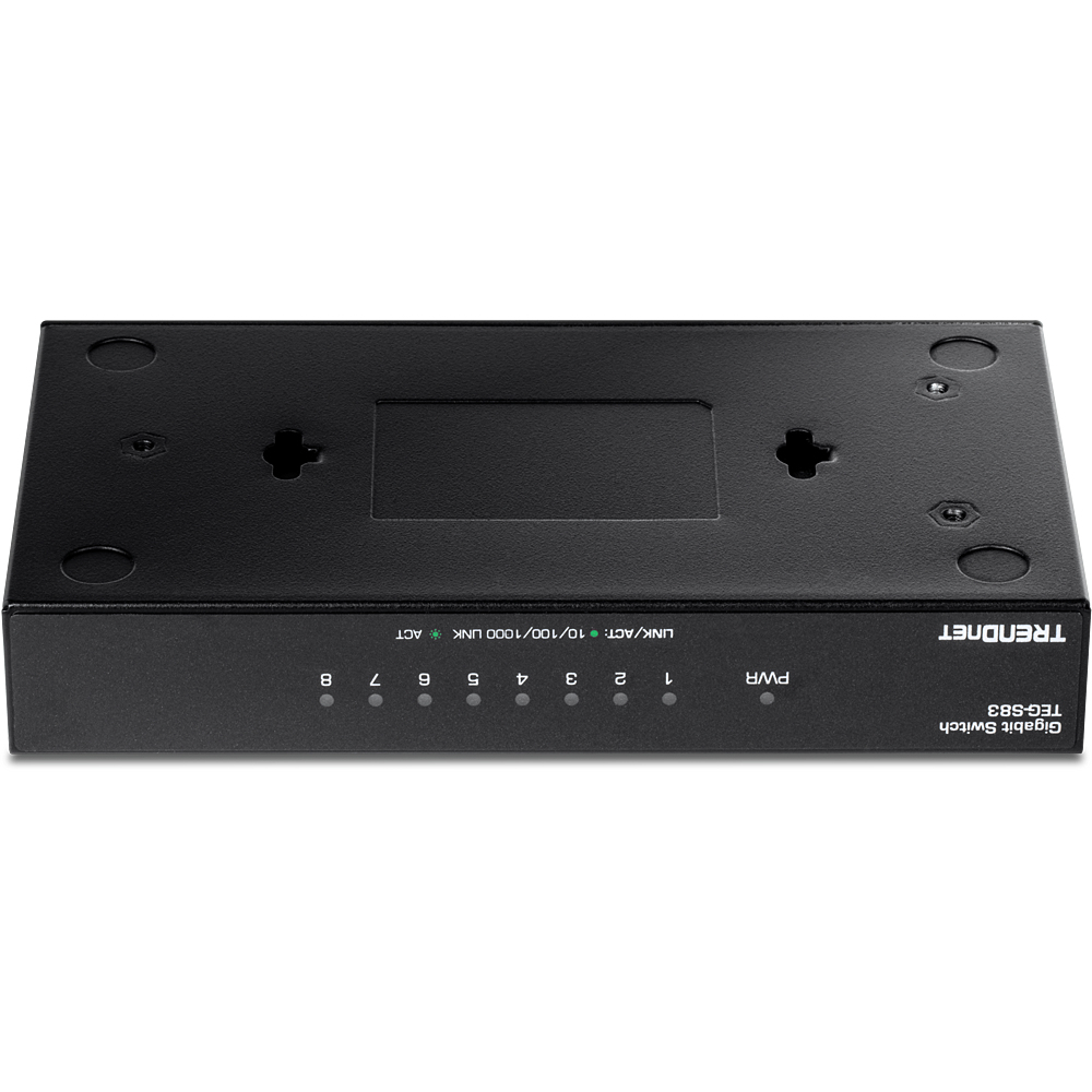 Ein schwarzer Netzwerk-Switch mit mehreren Anschlüssen und Kontrollleuchten, mit der Aufschrift 'TRENDnet'.