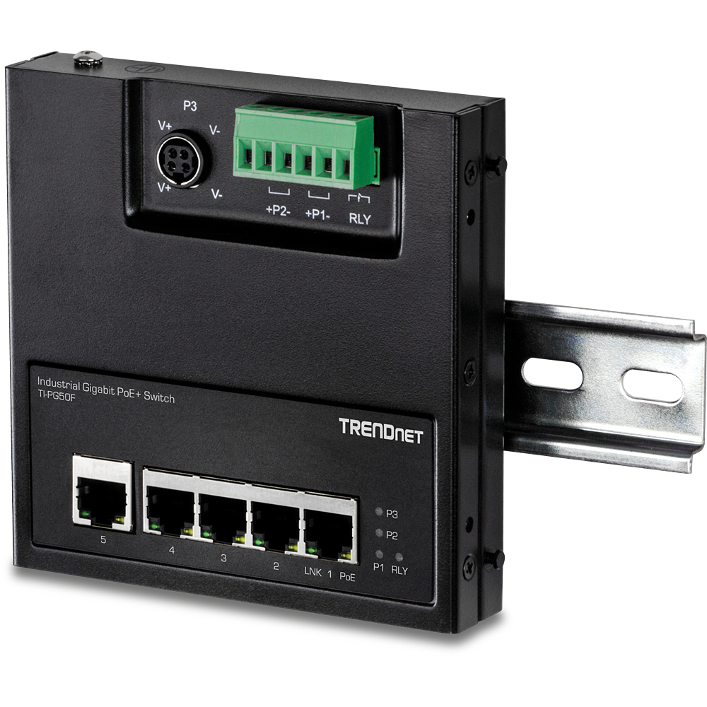 Schwarzer industrieller Gigabit-PoE+-Switch mit mehreren Anschlüssen und Trendnet-Logo.