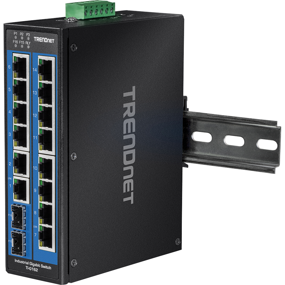 Schwarzer industrieller Gigabit-Switch mit Anschlüssen und TRENDnet-Logo, an einer Schiene montiert.