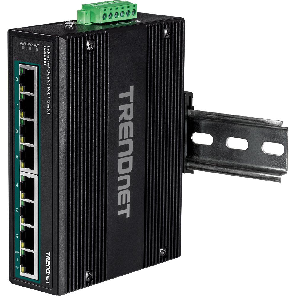 Schwarzer TRENDnet industrieller Gigabit PoE+-Switch mit Anschlüssen und Montagehalterung.
