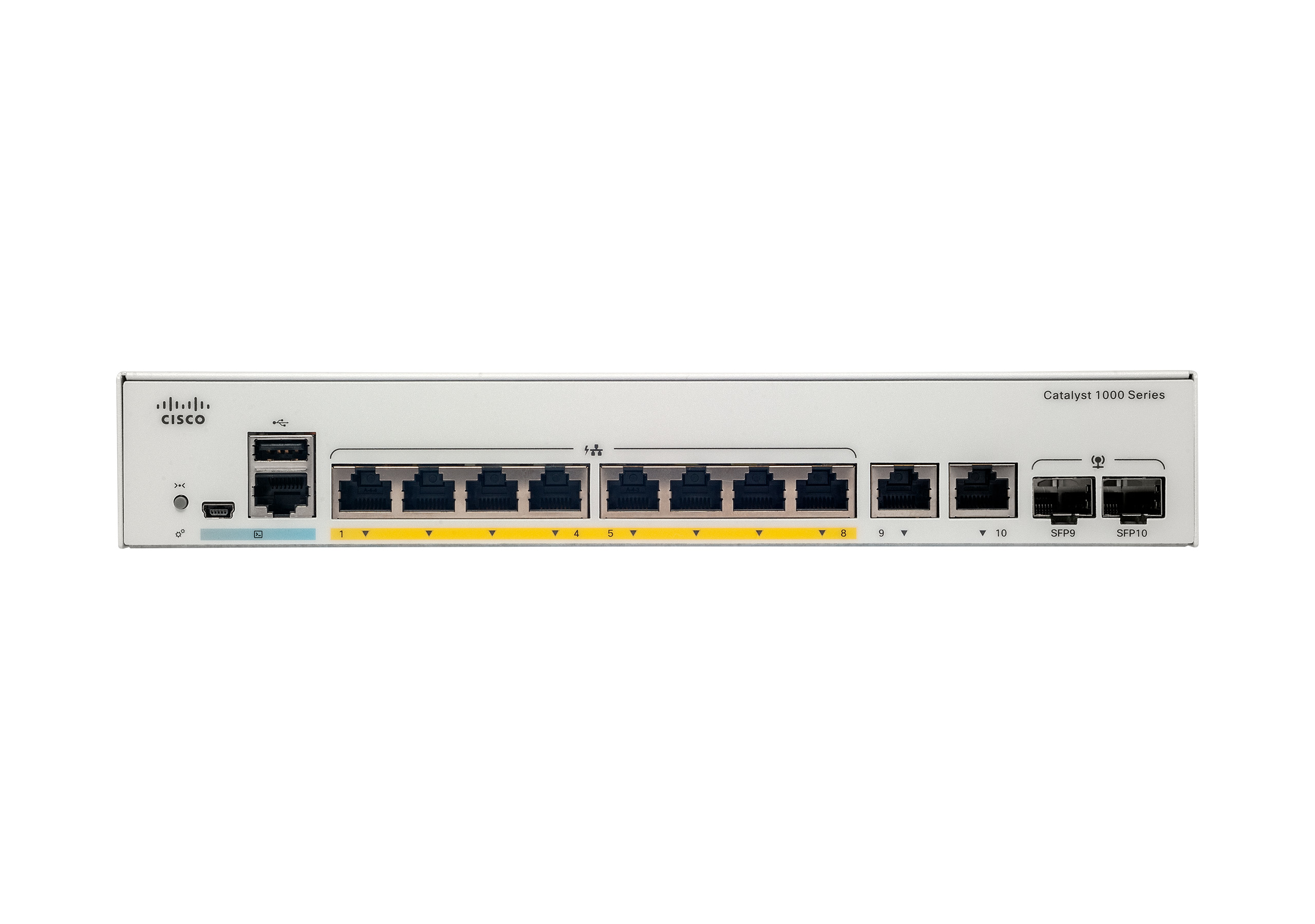 Biały przełącznik sieciowy Cisco z portami Ethernet i SFP. Widok z przodu.