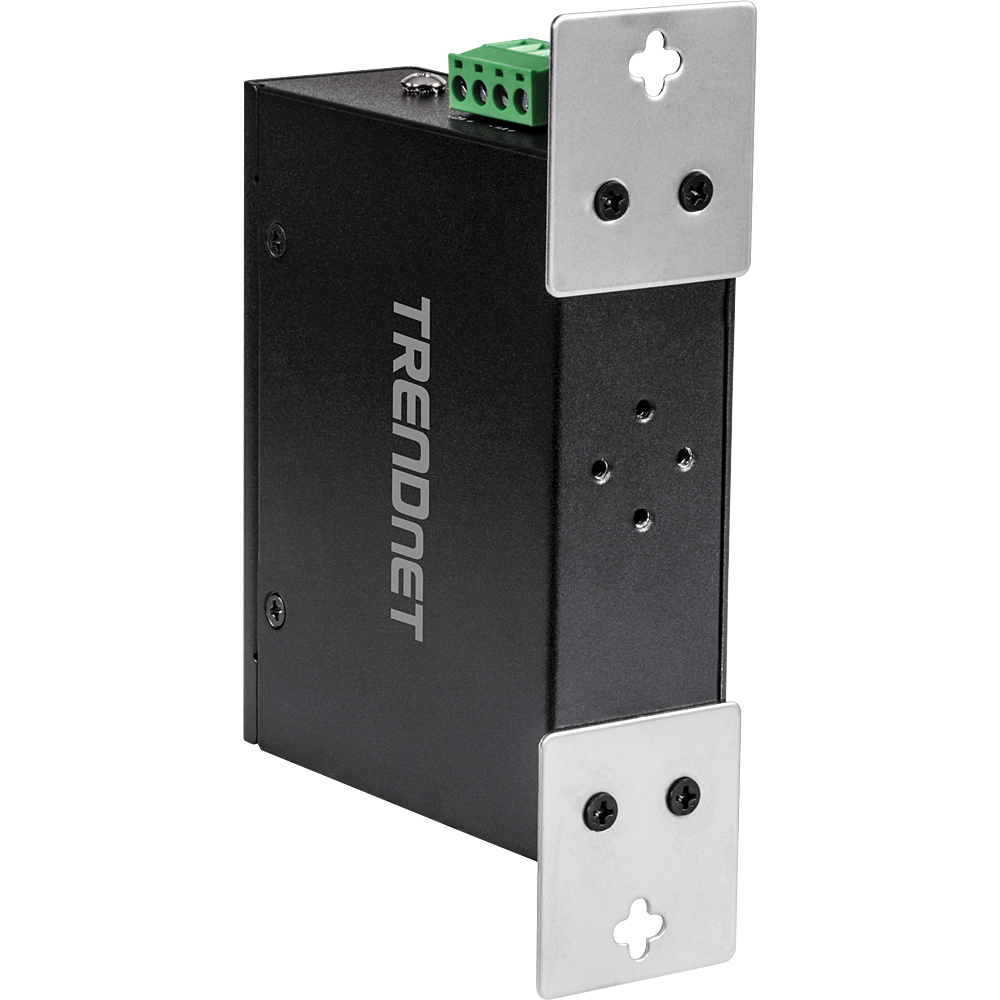 Ein schwarzes TRENDnet-Gerät, wahrscheinlich ein Netzwerkadapter, mit Schrauben und grünen Anschlüssen.