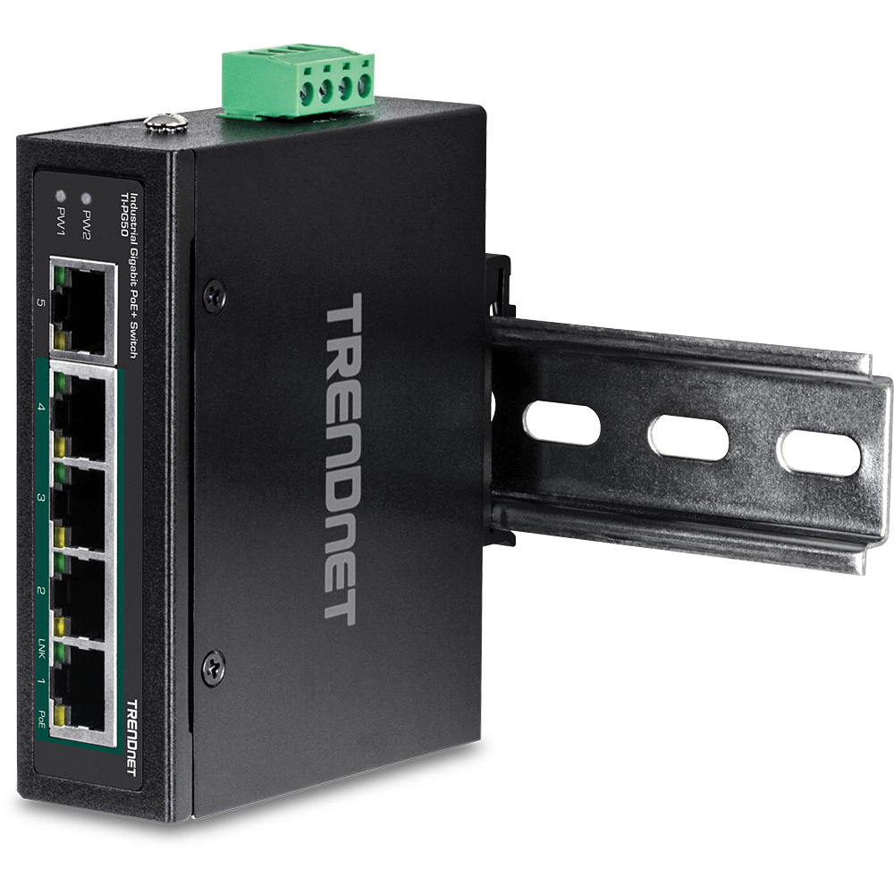 Ein schwarzer Netzwerk-Switch mit Anschlüssen und einer Halterung.