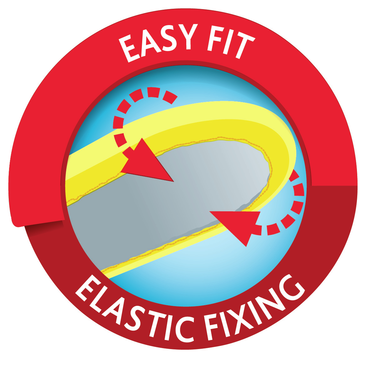 Cerchio rosso con testo 'EASY FIT' e 'ELASTIC FIXING', con sfondo blu.