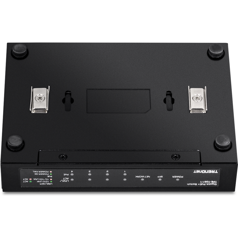 Schwarzer Netzwerk-Switch mit Anschlüssen, Lichtern und einem 'TRENDnet'-Etikett. Vier Gummifüße.