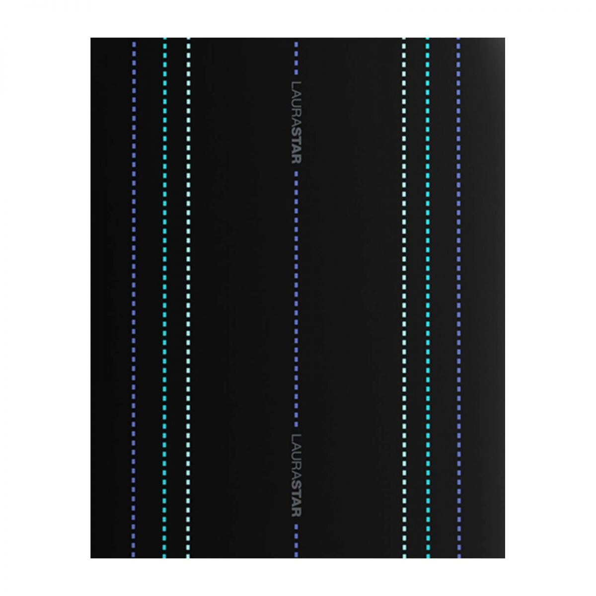 Czarne tło z trzema pionowymi liniami przerywanymi w kolorze niebieskim i białym. Tekst LaURaSTaR.