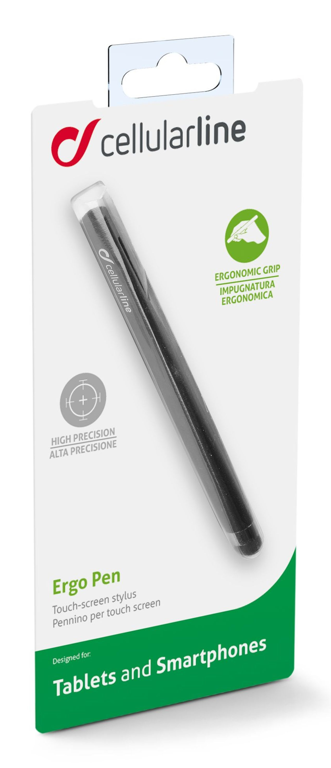 Schwarzer Stift in Verpackung. Weiße und grüne Verpackung mit Produktinfo. Für Tablets und Smartphones.