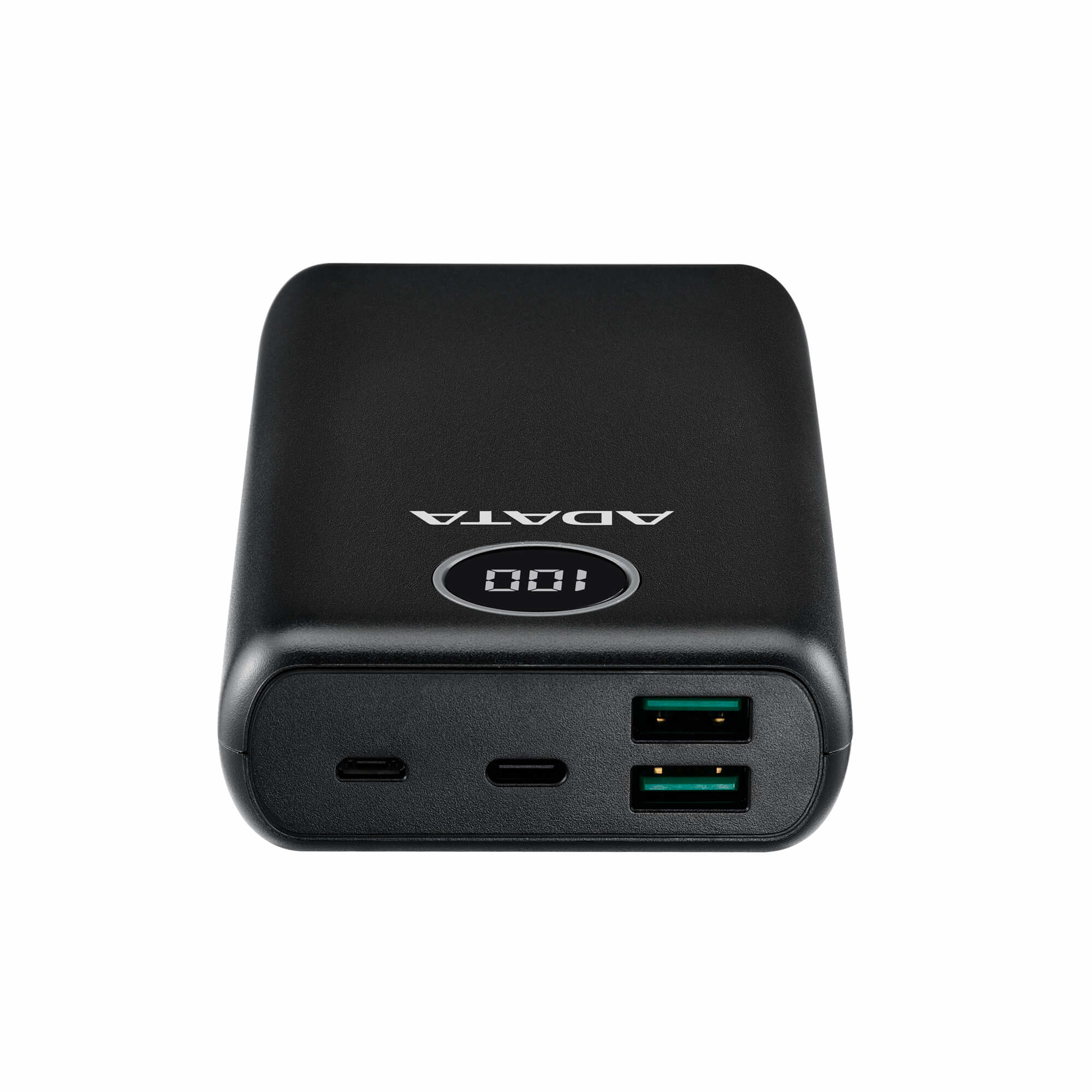 Power bank noire avec logo Adata, affichage numérique et plusieurs ports.