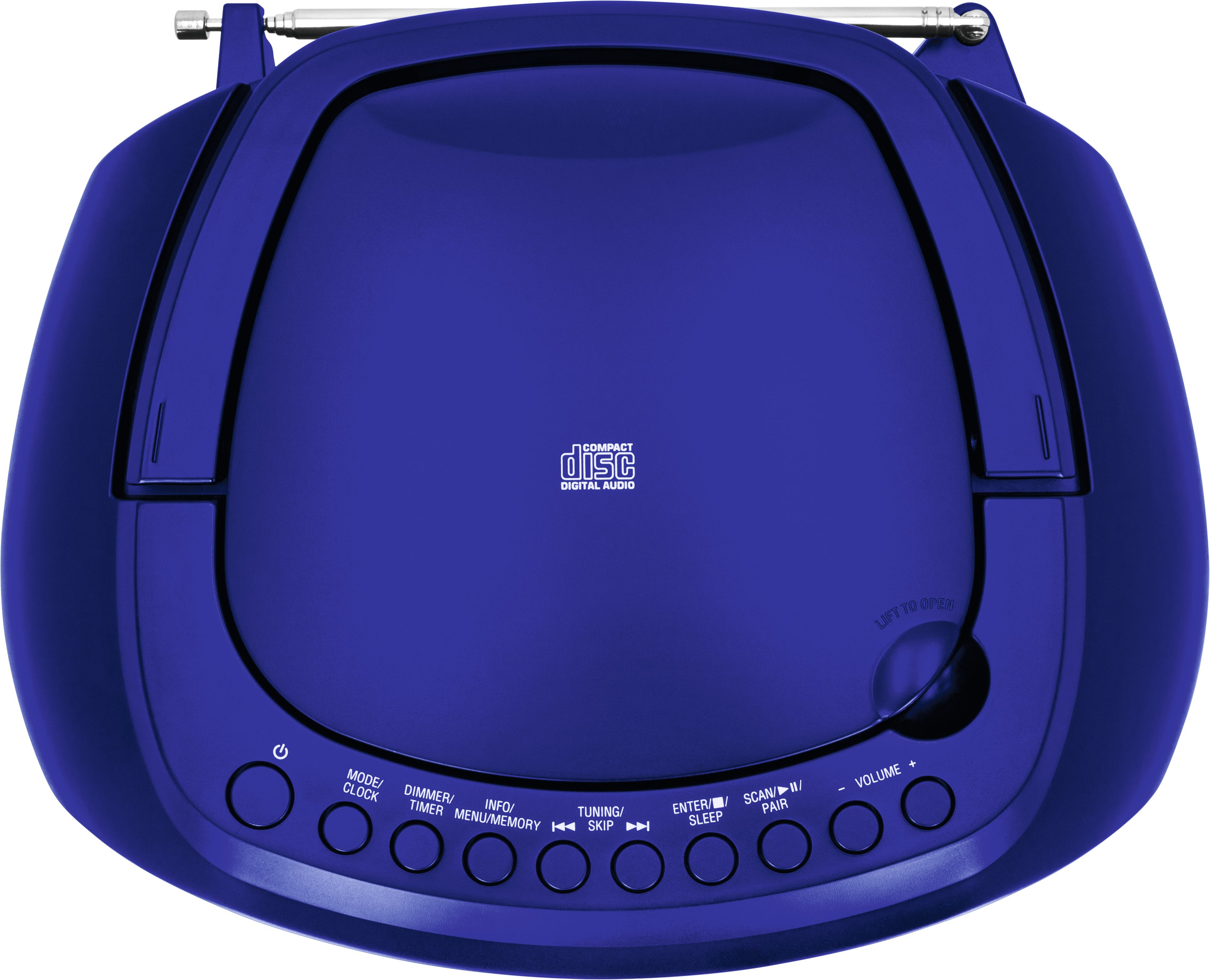 Una radio blu scuro con pulsanti, una fessura per CD e un'antenna visibile su sfondo bianco.