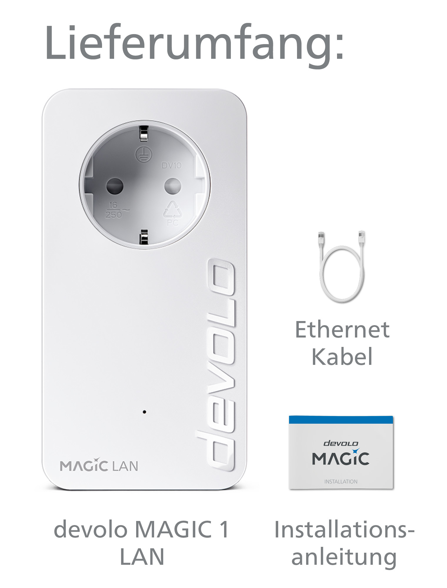 Biały adapter devolo MAGIC LAN z wtyczką. Zawiera kabel Ethernet i instrukcję instalacji.