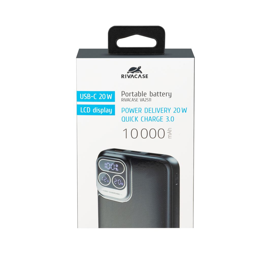 Boîte blanche avec un chargeur portable. Lit 'USB-C 20W' et '10000 mAh'.