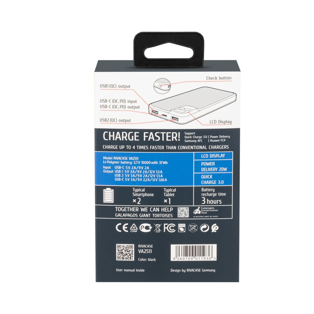 Emballage de batterie externe avec détails. Fond blanc.