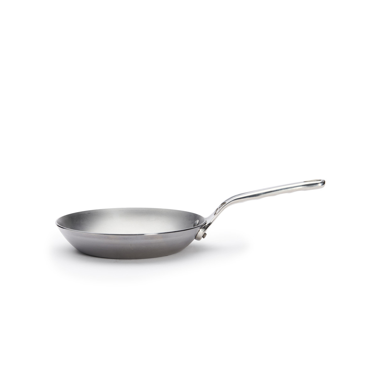 Stainless steel frying pan with long handle, isolated on white background.