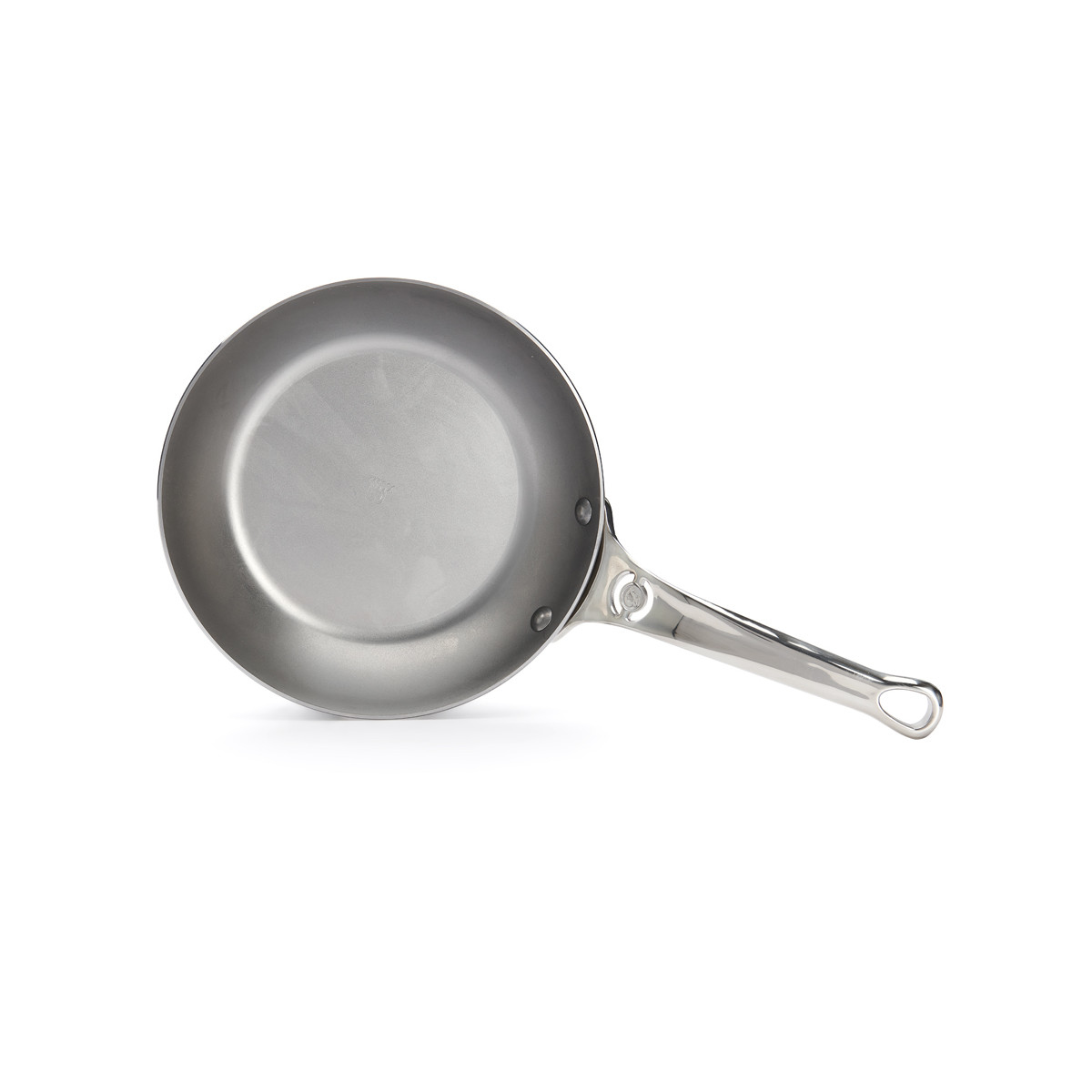 Stainless steel frying pan, handle to the right. White background.