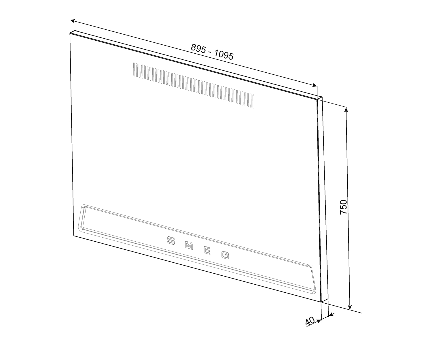 Vista isométrica de una campana extractora blanca con dimensiones etiquetadas.