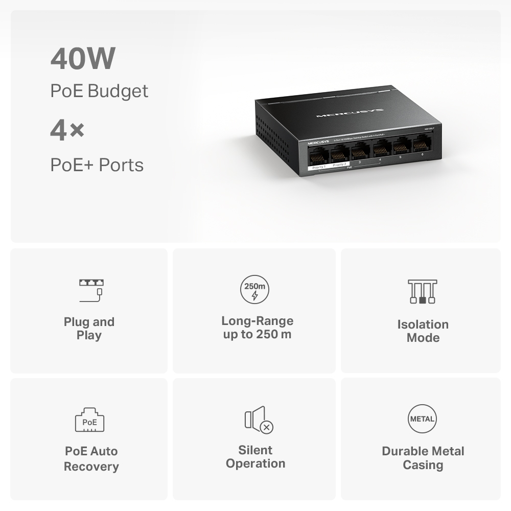 Schwarzer Netzwerk-Switch mit mehreren Ports und Symbolen auf weißem Hintergrund.