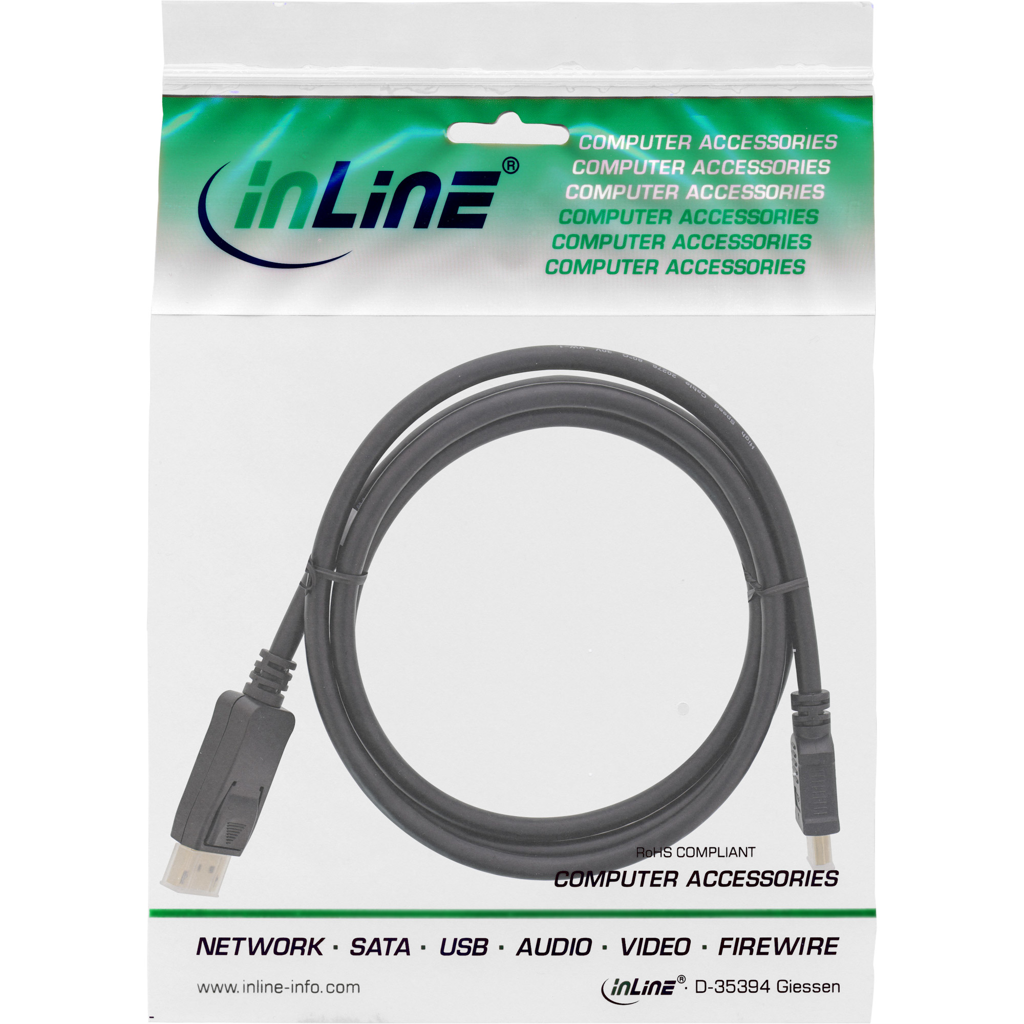 Eine Plastiktüte mit einem USB-Kabel. Auf der Tüte steht: Computerzubehör. Schwarzes USB-Kabel.