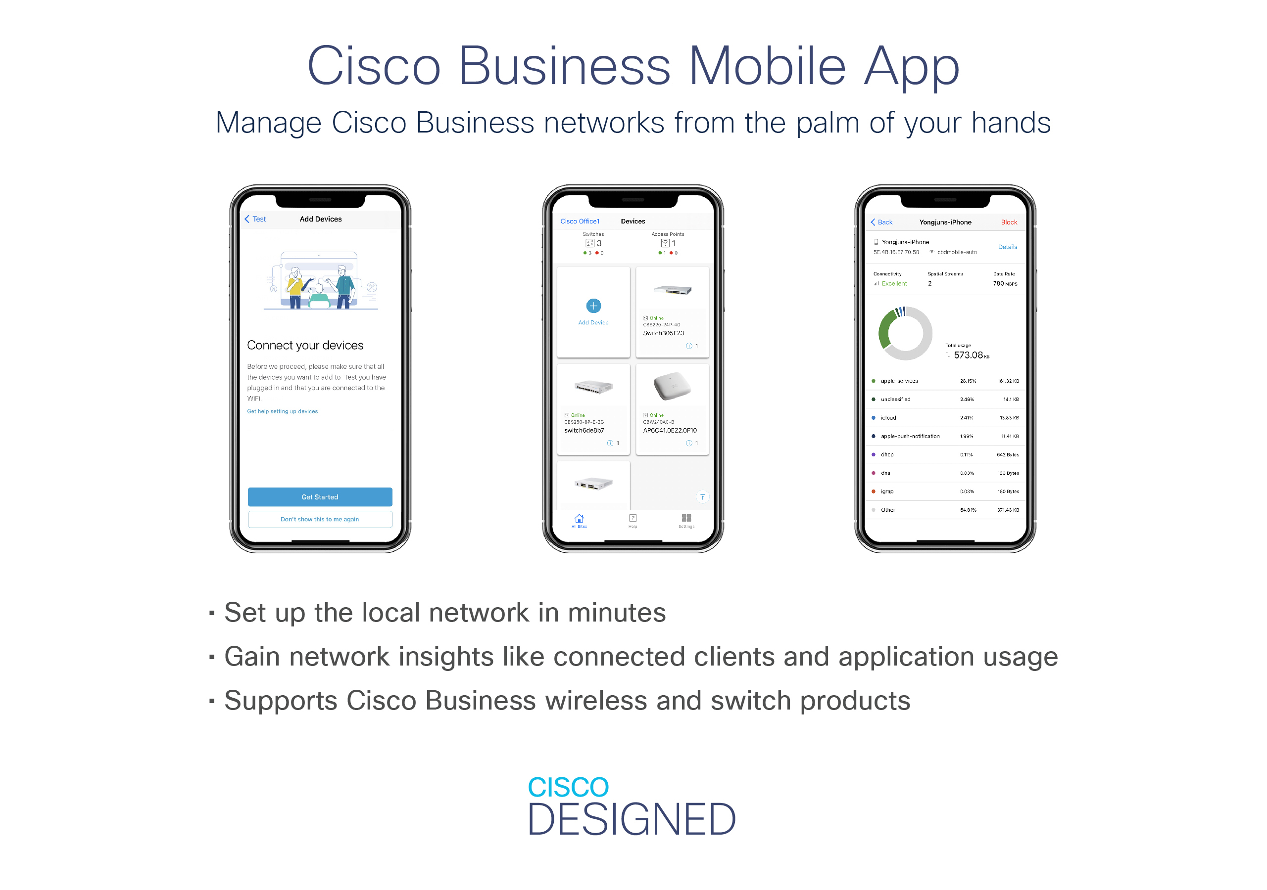 Interfejs aplikacji Cisco Business Mobile na trzech telefonach, podkreślający konfigurację, wgląd w sieć i produkty.