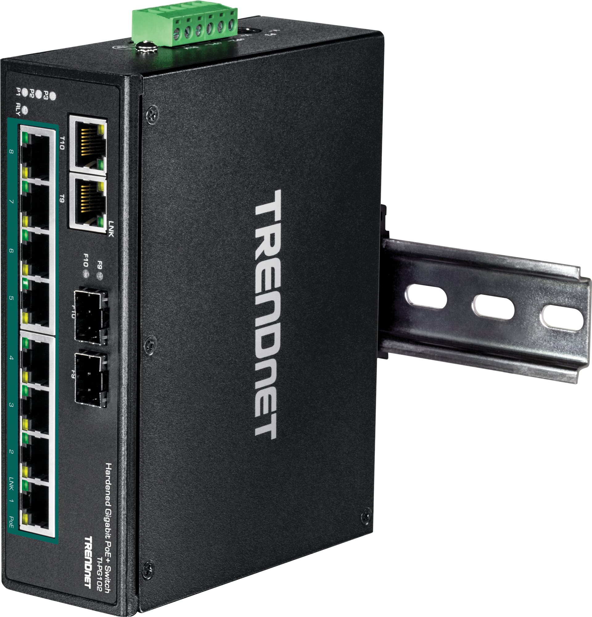 Schwarzer TRENDnet-Switch. Seitenansicht. Netzwerkanschlüsse und -verbindungen. Halterung an der Seite.