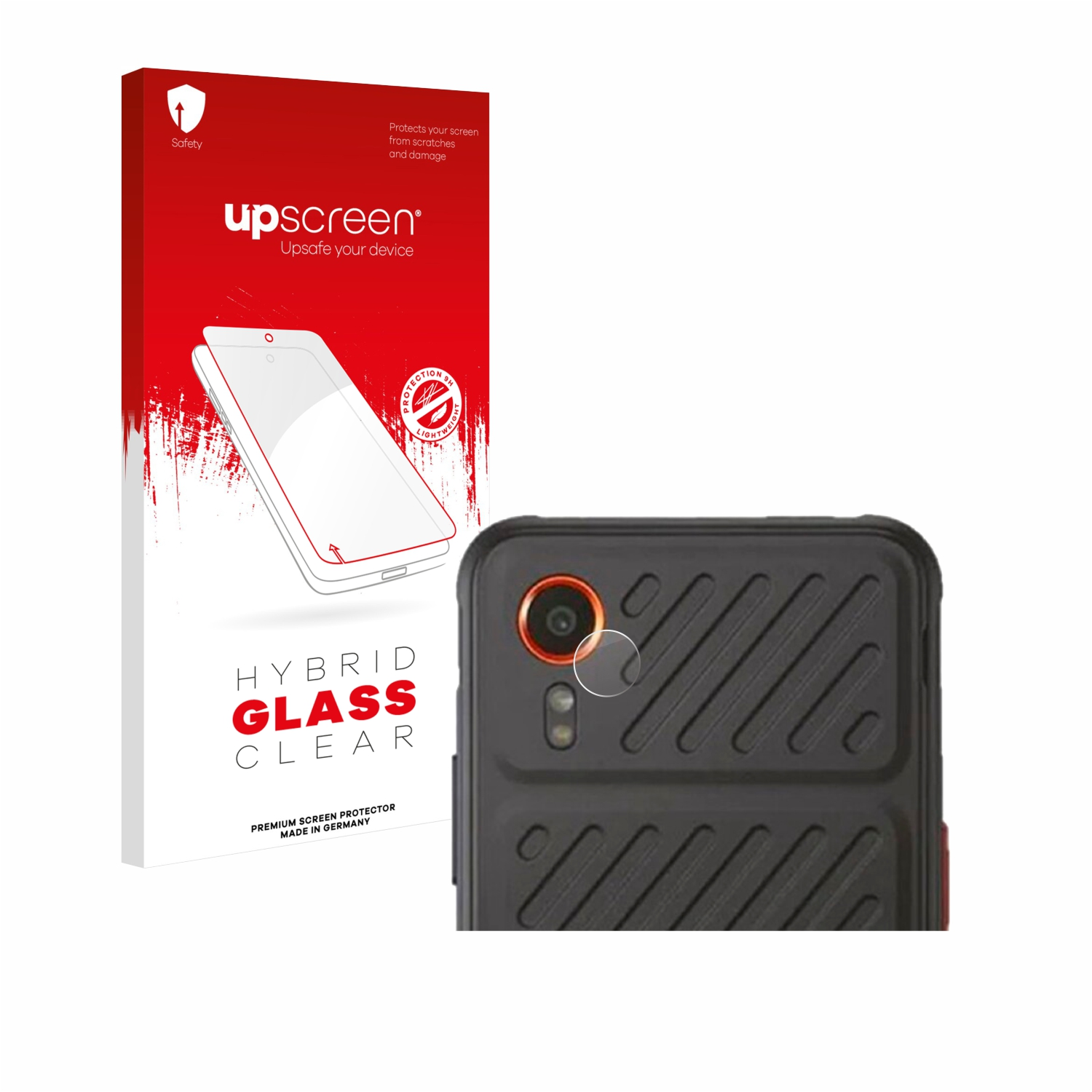 Ein Handy-Displayschutz mit Handy und Schutzpackung. Die Packung ist rot und weiß.